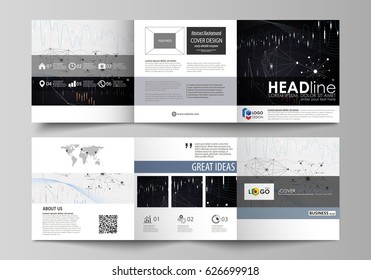 Business templates for tri fold square design brochures. Leaflet cover, vector layout. Abstract infographic background in minimalist style made from lines, symbols, charts, other elements.