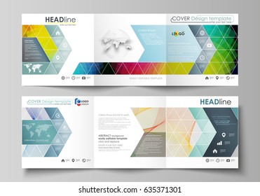 Business templates for tri fold square brochures. Leaflet cover, flat layout, easy editable vector. Colorful design with overlapping geometric shapes and waves forming abstract beautiful background.