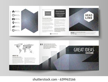 Business templates for tri fold square design brochures. Leaflet cover. Colorful dark background with abstract lines. Bright color chaotic, random, messy curves. Colourful vector layout.