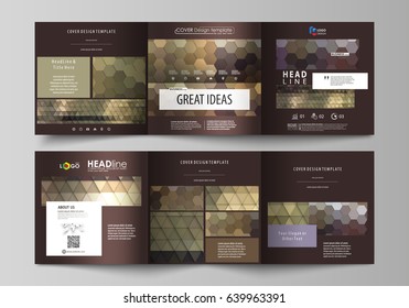 Business templates for tri fold square design brochures. Leaflet cover, vector layout. Abstract multicolored backgrounds. Geometrical patterns. Triangular and hexagonal style.