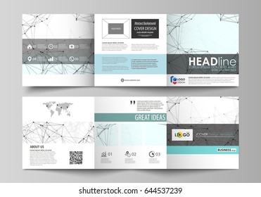 Business templates for tri fold square design brochures. Leaflet cover, abstract vector layout. Chemistry pattern, connecting lines and dots, molecule structure on white, geometric graphic background.
