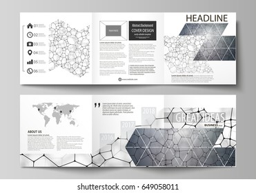Business templates for tri fold square design brochures. Leaflet cover, vector layout. Chemistry pattern, molecular texture, polygonal molecule structure, cell. Medicine, science, microbiology concept