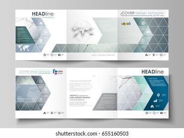 Business templates for tri fold square design brochures. Leaflet cover, vector layout. Genetic and chemical compounds. Atom, DNA and neurons. Medicine, chemistry, science concept. Geometric background