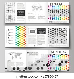 Business templates for tri fold square brochures. Leaflet cover, abstract vector layout. Chemistry pattern, hexagonal design molecule structure, medical DNA research. Geometric colorful background.