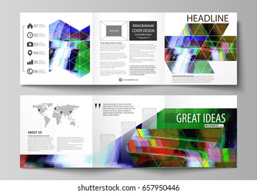 Business templates for tri fold square design brochures. Leaflet cover, abstract vector layout. Glitched background made of colorful pixel mosaic. Digital decay, signal error, television fail.