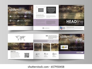 Business templates for tri fold square design brochures. Leaflet cover, vector layout. Abstract multicolored backgrounds. Geometrical patterns. Triangular and hexagonal style.