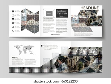 Business templates for tri fold square design brochures. Leaflet cover, abstract flat layout, easy editable vector. Colorful background made of dotted texture for travel business, urban cityscape.