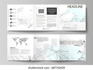 Business templates for tri fold square design brochures. Leaflet cover, abstract vector layout. Chemistry pattern, connecting lines and dots, molecule structure on white, geometric graphic background.