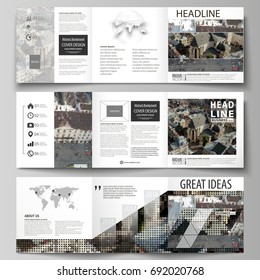 Business templates for tri fold square design brochures. Leaflet cover, abstract flat layout, easy editable vector. Colorful background made of dotted texture for travel business, urban cityscape.
