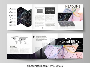 Business templates for tri fold square design brochures. Leaflet cover, vector layout. Colorful abstract infographic background in minimalist style made from lines, symbols, charts, other elements.