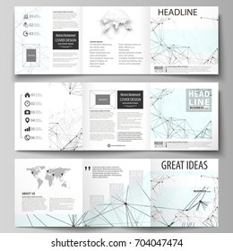 Business templates for tri fold square design brochures. Leaflet cover, abstract layout, vector. Chemistry pattern, connecting lines and dots, molecule structure on white, geometric graphic background