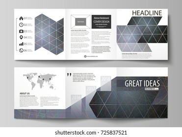 Business templates for tri fold square design brochures. Leaflet cover. Colorful dark background with abstract lines. Bright color chaotic, random, messy curves. Colourful vector layout.