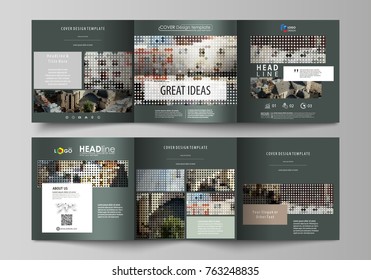 Business templates for tri fold square design brochures. Leaflet cover, abstract flat layout, easy editable vector. Colorful background made of dotted texture for travel business, urban cityscape.