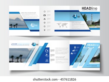 Business templates for tri-fold brochures, square design, annual report. Leaflet cover, easy editable blank, abstract blue layout, vector illustration.