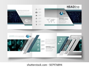 Business templates for tri-fold brochures. Square design. Leaflet cover, abstract vector layout. Virtual reality, color code streams glowing on screen, abstract technology background with symbols