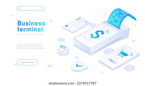 Business terminal concept. NFT terminal with bank card. Cashless payment, electronic transfers and transactions on Internet. Online shopping landing page. Cartoon isometric vector illustration