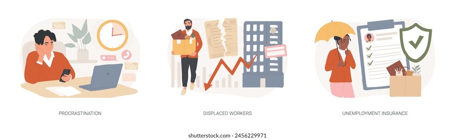 Business termination isolated concept vector illustration set. Procrastination, displaced workers, unemployment insurance, professional burnout, lost job position, claim form vector concept.