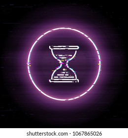 Business terms glitched icon, digital investment timescales vector art, glitch sand watches illustration