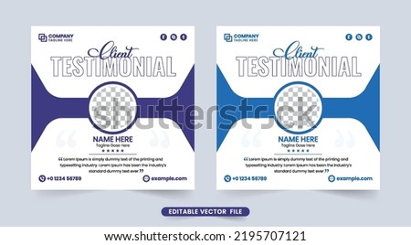 Business testimonial template vector with a photo placeholder and text effect. Customer service review and work rating section design with purple and blue colors. Client testimonial layout vector.