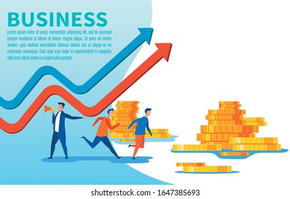Business Text Banner People Characters, Growth Graphs and Gold Coins Piles. Boss Team Leader with Megaphone Announcing and Agitating Employees. Promotion in Social Networks. Vector Flat Illustration
