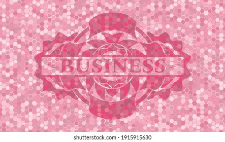 Business text inside pink tiles mosaic style pattern realistic emblem. Geometric hexagon chic background. Illustration. 
