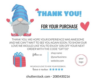 Business thank you card, baby store thank you card, toys, clothes. Postcard coupon for handmade products with a boy gnome