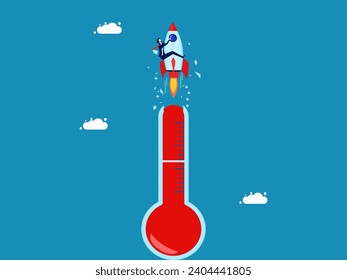 business that is limitlessly hot. Businessman riding rocket flies through broken mercury thermometer 