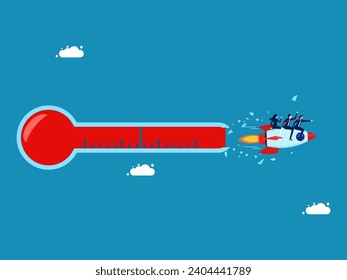 business that is limitlessly hot. Team of businessmen riding rockets flying through broken mercury thermometer 