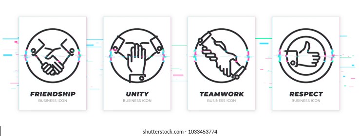 Business theme glitched black icons set. Scalable vector objects on transparent background. Modern distorted glitch style. handshake, teawork, assistance, like vector illustration. Vector icon.