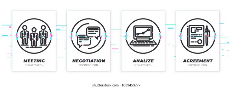 Business theme glitched black icons set. Scalable vector objects on transparent background. Modern distorted glitch style. Team, conversation, notebook, contract vector illustration. Vector icon.