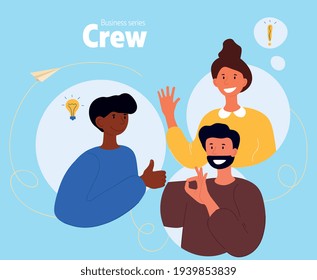 Business theme group of people, team of three diverse people with ideas icons in a brainstorming or strategy planning session. Colored flat cartoon vector illustration. Web template. Business metaphor