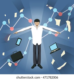 Business theme illustration. Young businessman feels power inside. This businessman character really ready for the great achievements. Infographics background.