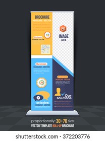 Business Theme, Our Solutions Concept Roll-Up Banner Design, Advertising Vector Template 