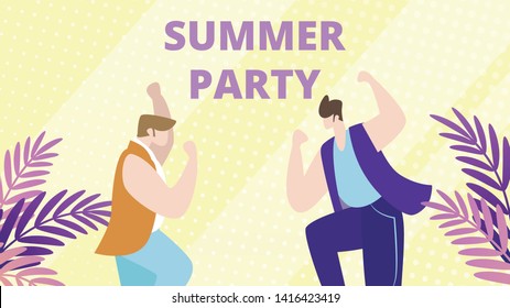 Business Theme Postcard Summer Party Cartoon. Group Men Met after Working at Corporate Party. Employees Dancing and Having Fun after Busy Week. Strategy Management Vector Illustration.