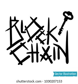 Business theme vector illustration of the block chain lettering. Crypto currency, safe exchange, trade, protection of remittances without commission. Isolated vector illustration on white background.