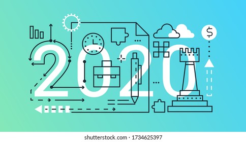 Business Thin Line Concept Vektorgrafik. Website-Schnittstelle kreatives lineares Design mit abstraktem, flachen 2020-Wort, Symbole der Unternehmensstrategie, Entwicklungsprozess, Investitionsplanung