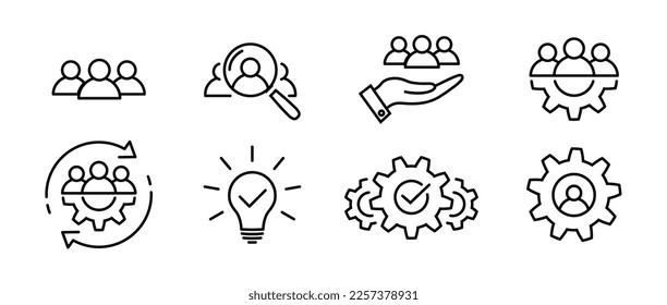 Business thin line icon set. Teamwork process symbols in flat. Customer search and care signs isolated on white. Leadership and creative icon in black. Vector illustration for graphic design, Web, UI.