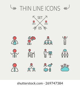 Business thin line icon set for web and mobile. Set includes- laptop, tablet, computer, globe, Businessmen, men, cloud. Modern minimalistic flat design. Vector icon with dark grey outline and offset