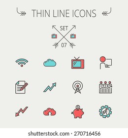 Business thin line icon set for web and mobile. Set includes- wifi, notepad, cloud arrows, antenna, money, gear icons. Modern minimalistic flat design. Vector icon with dark grey outline and offset