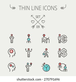 Business thin line icon set for web and mobile. Set includes-head, Euro, US dollar, clock, head, laptop, bulb icons. Modern minimalistic flat design. Vector icon with dark grey outline and offset