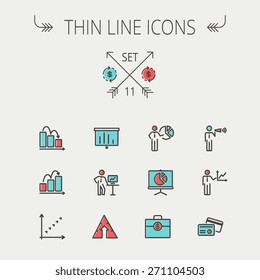 Business thin line icon set for web and mobile. Set includes- recycle, money bag, graph, roller screen, business presentation, pie chart icons. Modern minimalistic flat design. Vector icon with dark