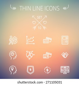 Juego de iconos de línea delgada para web y móvil. Set incluye: gráfico, gráfico, gráfico circular, símbolo de dólar, tarjetas, apretón de manos, calculadora, iconos de monitor. Diseño plano minimalista moderno.Icono blanco vector en