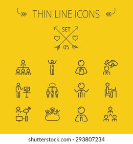 Business thin line icon set for web and mobile. Set includes- seminars, clouds, presentation, computer set, wifi icons. Modern minimalistic flat design. Vector dark grey icon on yellow background.