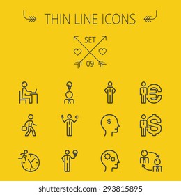 Juego de iconos de línea delgada para web y móvil. Juego de íconos con cabeza de bebé, euro, dólar estadounidense, reloj, cabeza, laptop, bulbo, íconos de hombres de negocios. Moderno diseño minimalista plano. Icono de gris oscuro del vector en amarillo