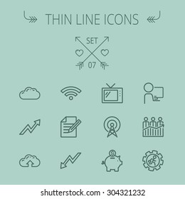 Business thin line icon set for web and mobile. Set includes- wifi, notepad, cloud arrows, antenna, money, gear piggy bank icons. Modern minimalistic flat design. Vector dark grey icon on grey