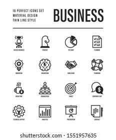 Business thin line icons set. Symbols of success, strategy, finance planning, innovation, brainstorm, technical support, analytics, presentation, contract, target. Vector illustration.