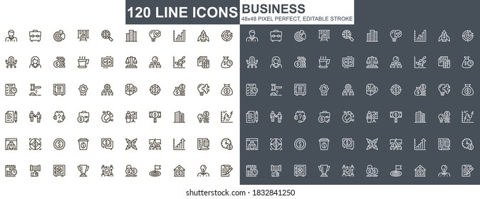 Business thin line icons set. Business development and investment strategy unique design icons. Financial audit and accounting outline vector bundle. 48x48 pixel perfect linear pictogram pack.