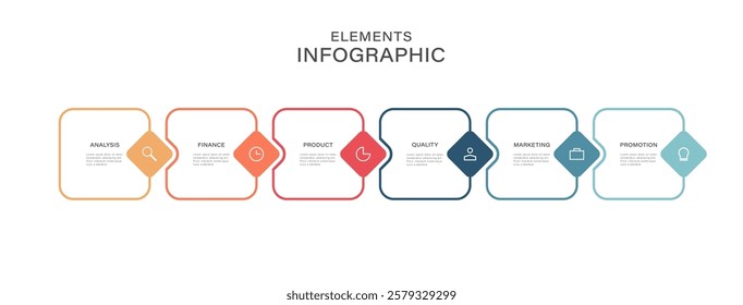 Business thin line process step design template. Timeline with 6 options.