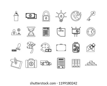 Business thin line vector icon set.
Contains such Icons as Money, Time, Businessman and more. Editable.