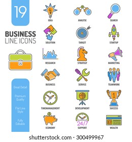 Business Thin Lines Color Web Icon Set for Flyer, Poster, Web Site Like Finance, Strategy, Idea, Research, Teamwork, Success